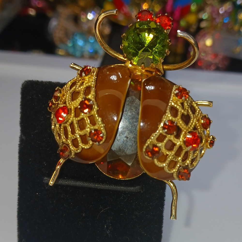 Vintage Insect Beetle Bug Rhinestone Brooch Pin Glass - Picture 4 of 16